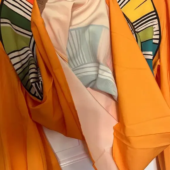 Uoozee Boho Abstract Artsy Sun Face Graphic Orange V Neck Balloon Sleeve Top - Picture 8 of 9